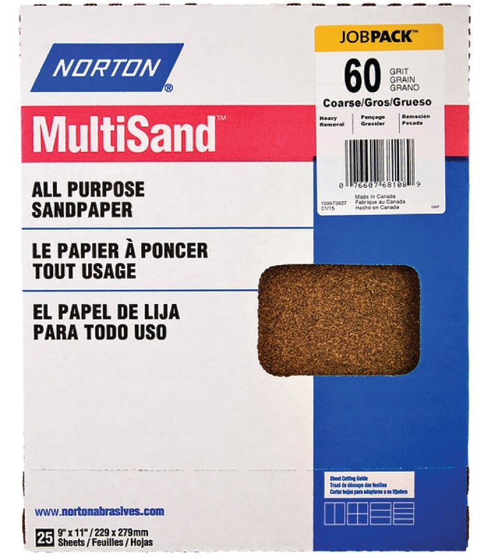 NORTON Norton MultiSand 07660768108 Sanding Sheet, Brown, 11 in L, 9 in W, Coarse, 60 Grit