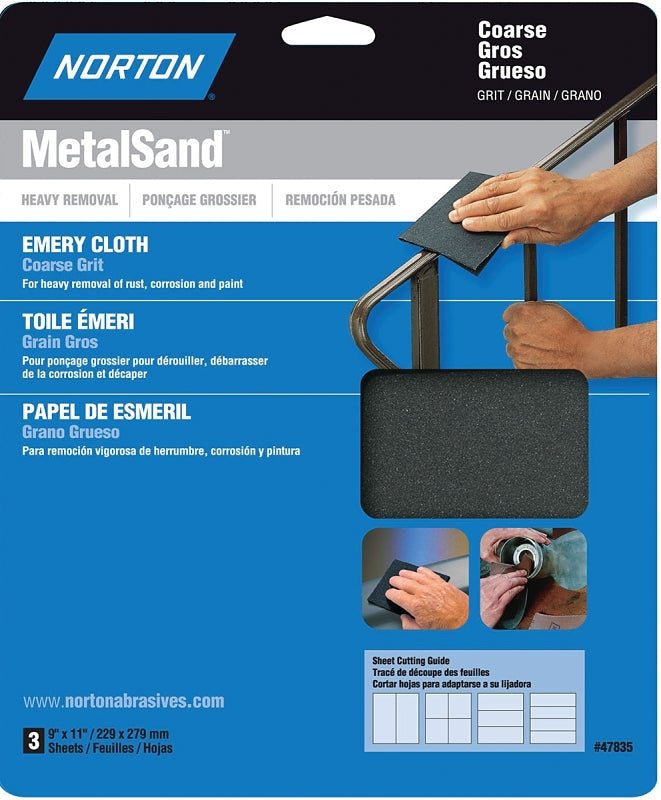 NORTON Norton MetalSand 07660747835 Sanding Sheet, 11 in L, 9 in W, Coarse, 80 Grit, Emery Abrasive, Cloth Backing