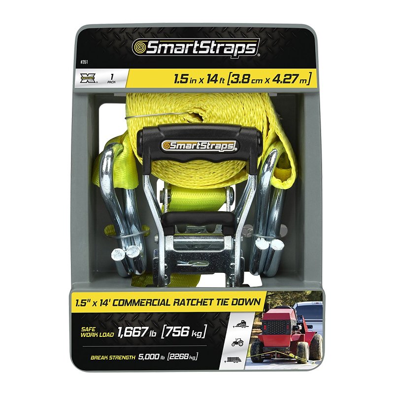 SMARTSTRAP SmartStrap RachetX Series 351 Tie-Down, 1-1/2 in W, 14 ft L, Plastic/Polyester/Rubber/Steel, Yellow, 1667 lb AUTOMOTIVE SMARTSTRAP