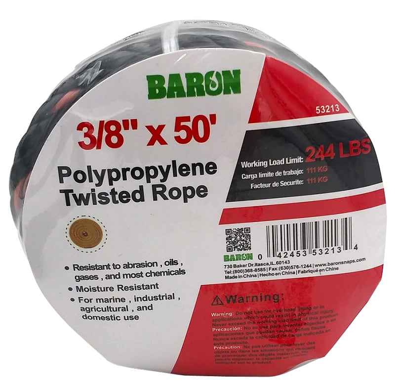 BARON Baron 53213 Truck Rope, 3/8 in Dia, 50 ft L, 244 lb Working Load, Polypropylene, Black/Orange HARDWARE & FARM SUPPLIES BARON   