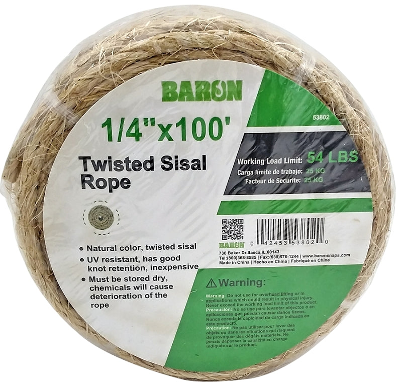 BARON Baron 53802 Utility Rope, 1/4 in Dia, 100 ft L, 54 lb Working Load, Sisal, Natural HARDWARE & FARM SUPPLIES BARON