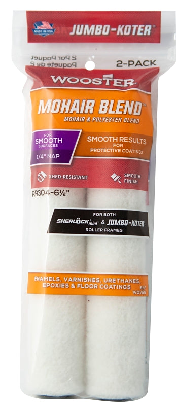 WOOSTER BRUSH Wooster RR304-6 1/2 Roller Cover, 1/4 in Thick Nap, 6-1/2 in L, Mohair Fabric Cover, White