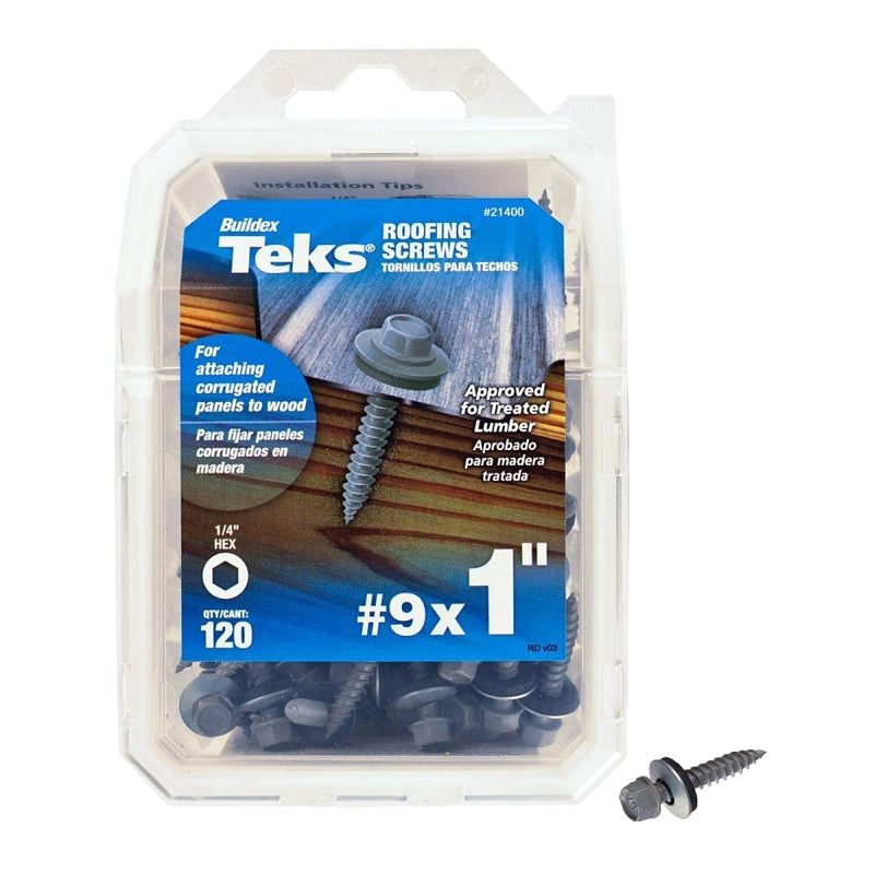 TEKS Teks 21400 Roofing Screw, #9 Thread, Fine Thread, Hex Drive, Sharp Point, Steel, Zinc, 120 PK