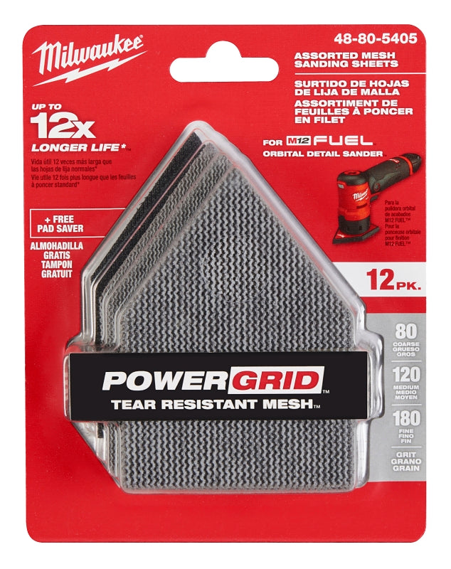 MILWAUKEE Milwaukee 48-80-5405 Mesh Sanding Sheet, 3-5/8 in W, 3-3/4 in L, 80, 120, 180 Grit, Aluminum Oxide, Nylon Backing, 12/PK