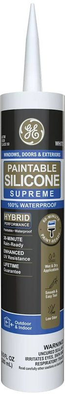 HENKEL CONSUMER ADHESIVES GE Paintable Silicone Supreme 2733730 Window & Door Sealant, White, 24 hr Curing, 9.5 fl-oz Cartridge PAINT HENKEL CONSUMER ADHESIVES