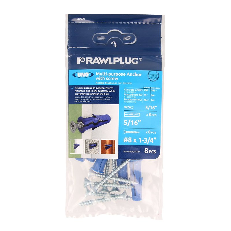 RAWLPLUG INC Rawlplug Rawl Uno Series R-S0-UNO5/16+8-1 Multi-Purpose Anchor, 16 mm Thread, 1-1/2 in L, Polypropylene
