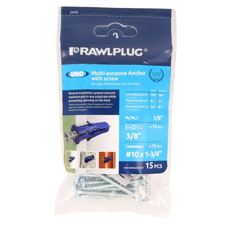 RAWLPLUG INC Rawlplug Rawl Uno Series R-S0-UNO3/8+10-1 Multi-Purpose Anchor, 16 mm Thread, 1 in L, Polypropylene