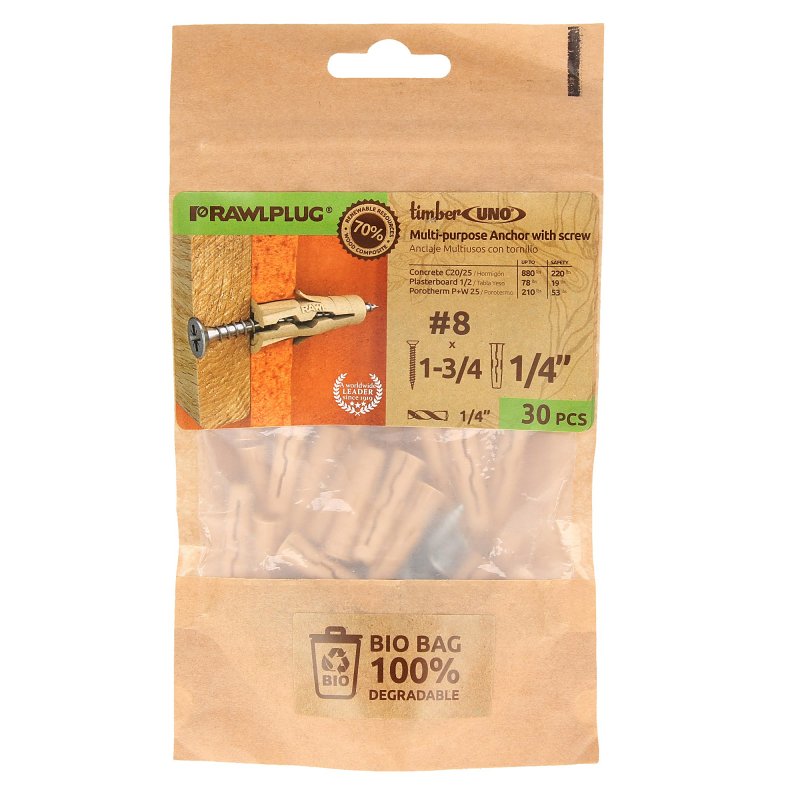 RAWLPLUG INC Rawlplug Rawl Uno Series R-BIO-UNOT1/4+8-1 Multi-Purpose Anchor, 16 mm Thread, 1-1/4 in L, Polypropylene/Timber