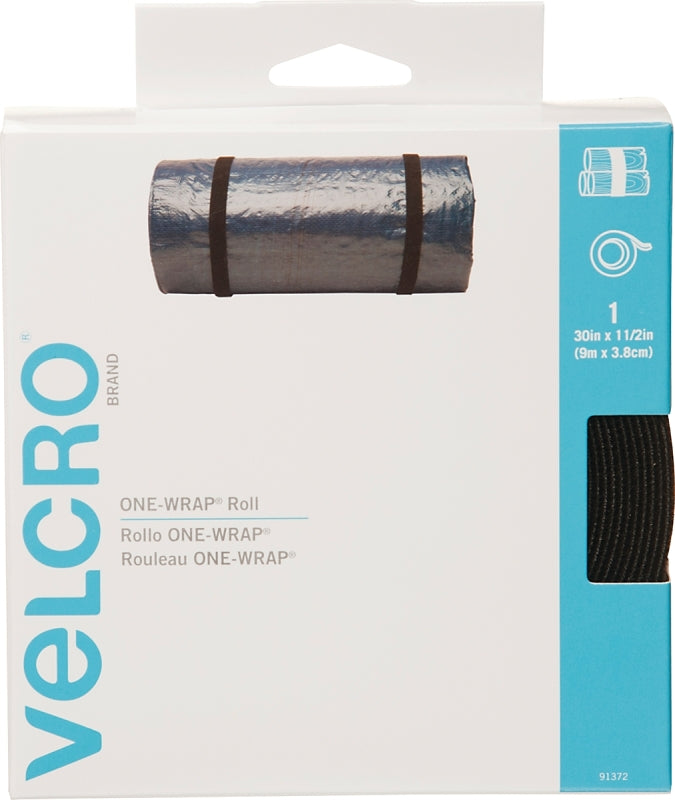 VELCRO BRAND VELCRO Brand One Wrap 91372 Hook and Loop Fastener, 1-1/2 in W, 30 in L, Nylon/Polypropylene, Black