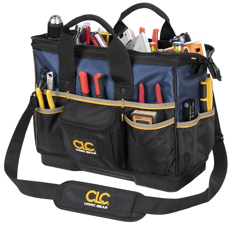 HULTAFORS CLC Tool Works PB1563 Tote Tool Bag, 16 in W, 8 in D, 12 in H, 23-Pocket, Polyester, Black/Blue