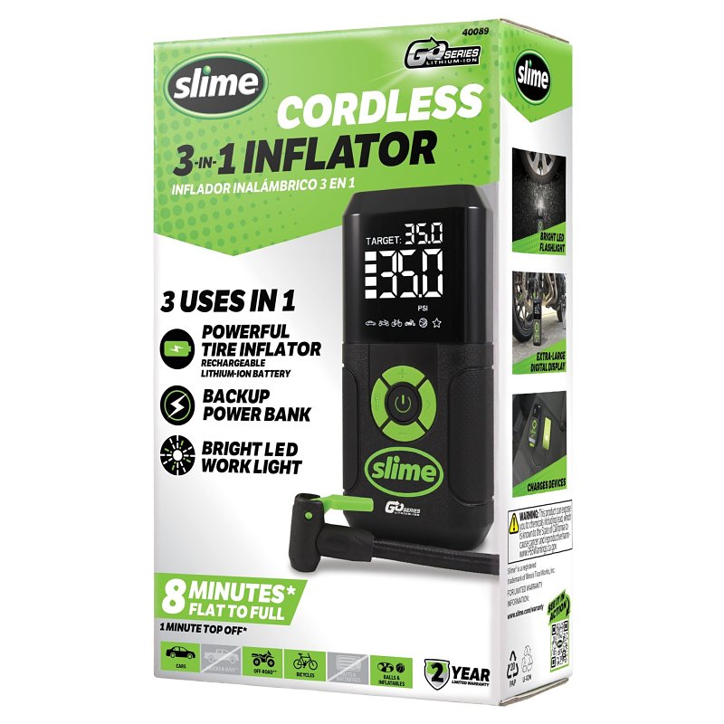 SLIME Slime 40089 Cordless 3-in-1 Inflator, 7.4 V, 150 psi Pressure, Digital Gauge, Plastic, Black