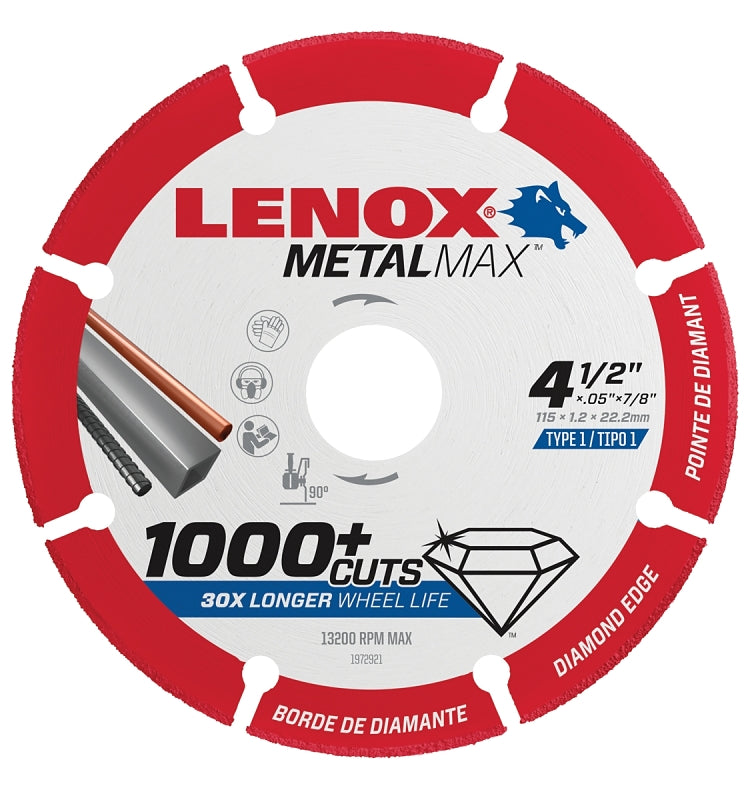 LENOX Lenox MetalMax 1972921 Cut-Off Wheel, 4-1/2 in Dia, 3/64 in Thick, 7/8 in Arbor, 40, 50 Grit, Diamond Abrasive