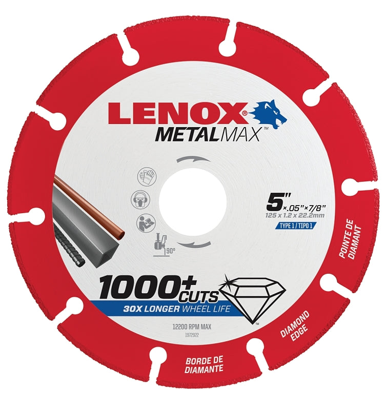LENOX Lenox MetalMax 1972922 Cut-Off Wheel, 5 in Dia, 3/64 in Thick, 7/8 in Arbor, 40, 50 Grit, Diamond Abrasive