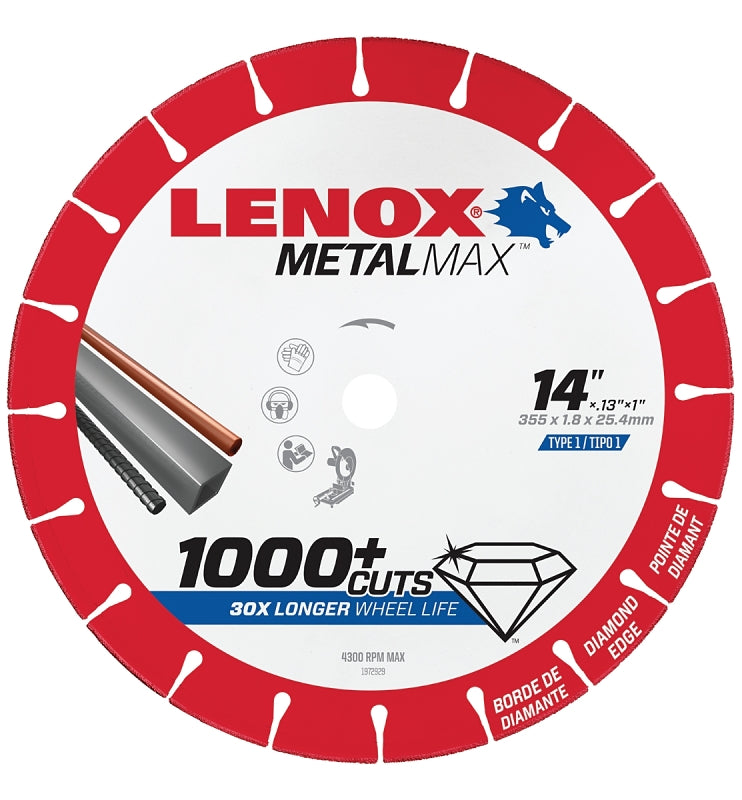 LENOX Lenox MetalMax 1972929 Cut-Off Wheel, 14 in Dia, 0.13 in Thick, 1 in Arbor, 25, 30 Grit, Diamond Abrasive