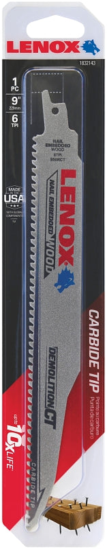 LENOX Lenox Demolition CT 1832143 Reciprocating Saw Blade, 1 in W, 9 in L, 6 TPI, Carbide Cutting Edge