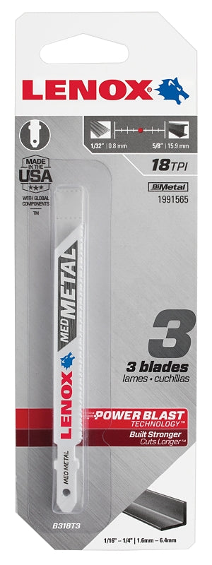 LENOX Lenox 1991565 Jig Saw Blade, 3/8 in W, 3-5/8 in L, 18 TPI, 0.037 in Thick, 3/PK TOOLS LENOX