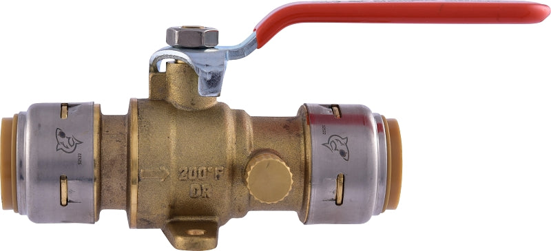 SHARKBITE SharkBite UR24616A Ball Valve with Drain and Mounting Tab, 3/4 in Connection, Push-Fit, 250 psi Pressure, Brass Body