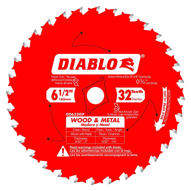 DIABLO Diablo D0632GPX Circular Saw Blade, 6-1/2 in Dia, 5/8 in Arbor, 32-Teeth, TiCo Cutting Edge
