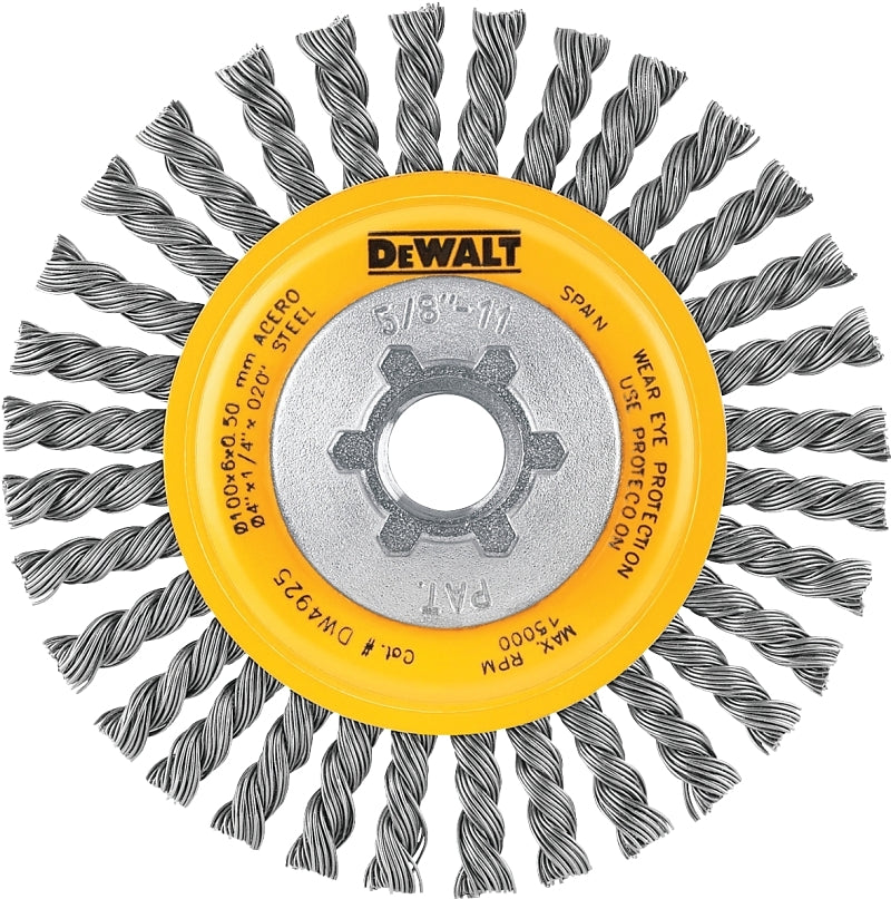 DEWALT DEWALT DW4925 Wire Wheel Brush, 4 in Dia, 5/8-11 Arbor/Shank, Twisted Bristle, 0.02 in Dia Bristle, Carbon Steel Bristle