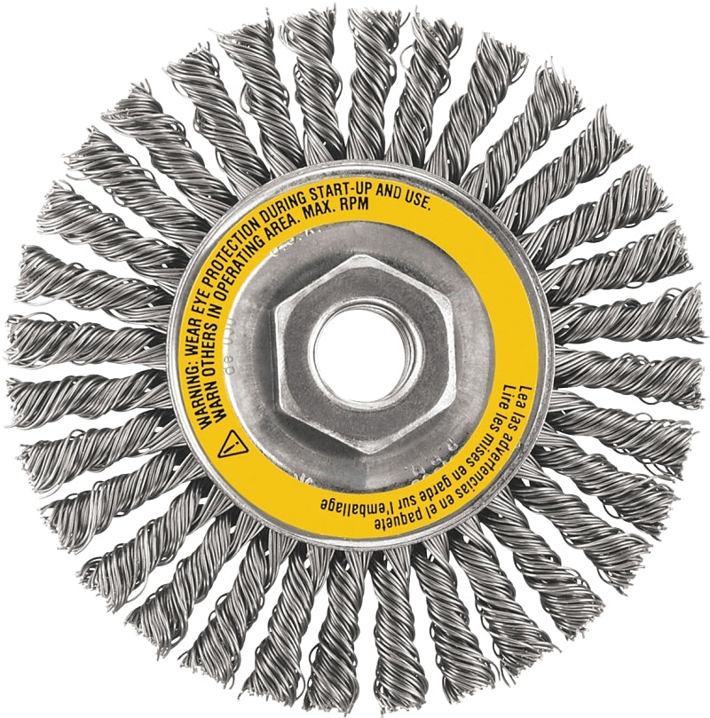 DEWALT DEWALT DW49204 Wire Wheel Brush, 4 in Dia, 5/8-11 Arbor/Shank, 0.02 in Dia Bristle, Stainless Steel Bristle