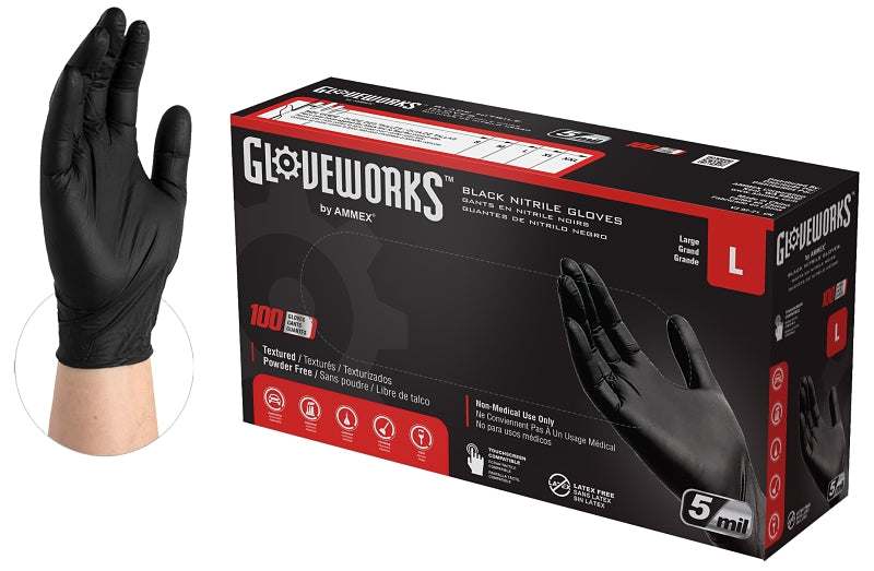 AMMEX Gloveworks GPNB46100 Non-Sterile Gloves, L, Nitrile, Powder-Free, Black, 13.86 in L