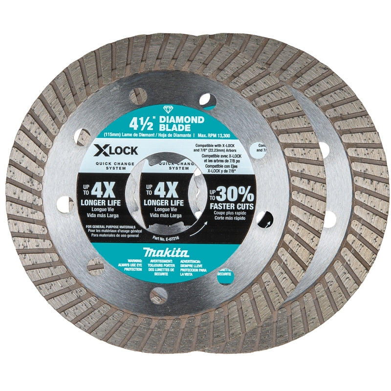 MAKITA Makita X-LOCK E-07222 Series Blade, Diamond Blade, 4-1/2 in Dia, 7/8 in Arbor, Turbo Rim, 2/PK