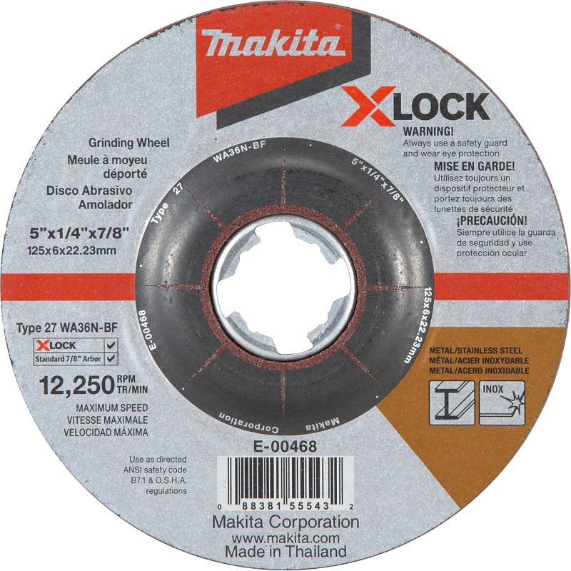 MAKITA Makita X-LOCK E-00468 Grinding Wheel, 5 in Dia, 1/4 in Thick, 7/8 in Arbor, 36 Grit, Coarse TOOLS MAKITA