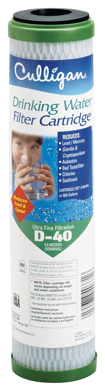 CULLIGAN SALES Culligan D-40A Replacement Water Filter, For: Culligan US-600A Undersink Drinking Water Filtration, 0.5 um Filter