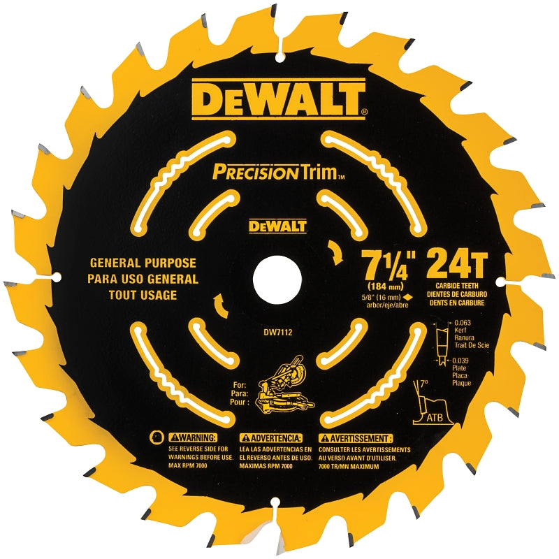 DEWALT DEWALT DW7112PT Precision Saw Blade, 7-1/4 in Dia, 24-Teeth, Carbide Cutting Edge, Applicable Materials: Wood TOOLS DEWALT