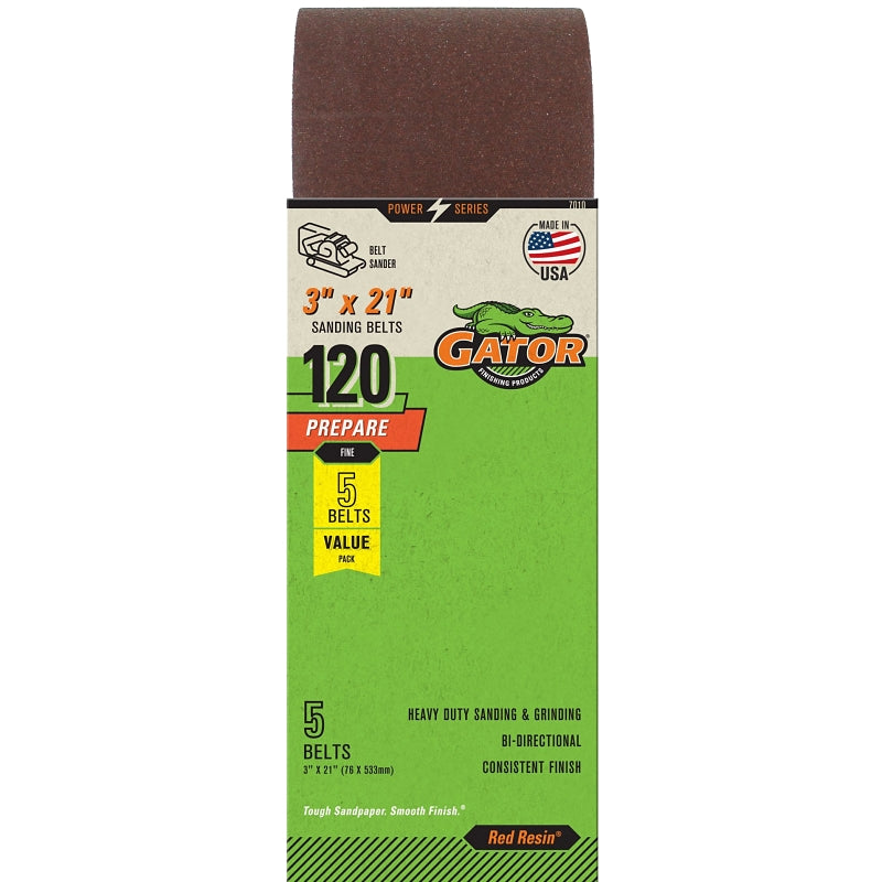 GATOR Gator Red Resin 7010 Sanding Belt, 3 in W, 21 in L, 120 Grit, Fine, Aluminum Oxide Abrasive