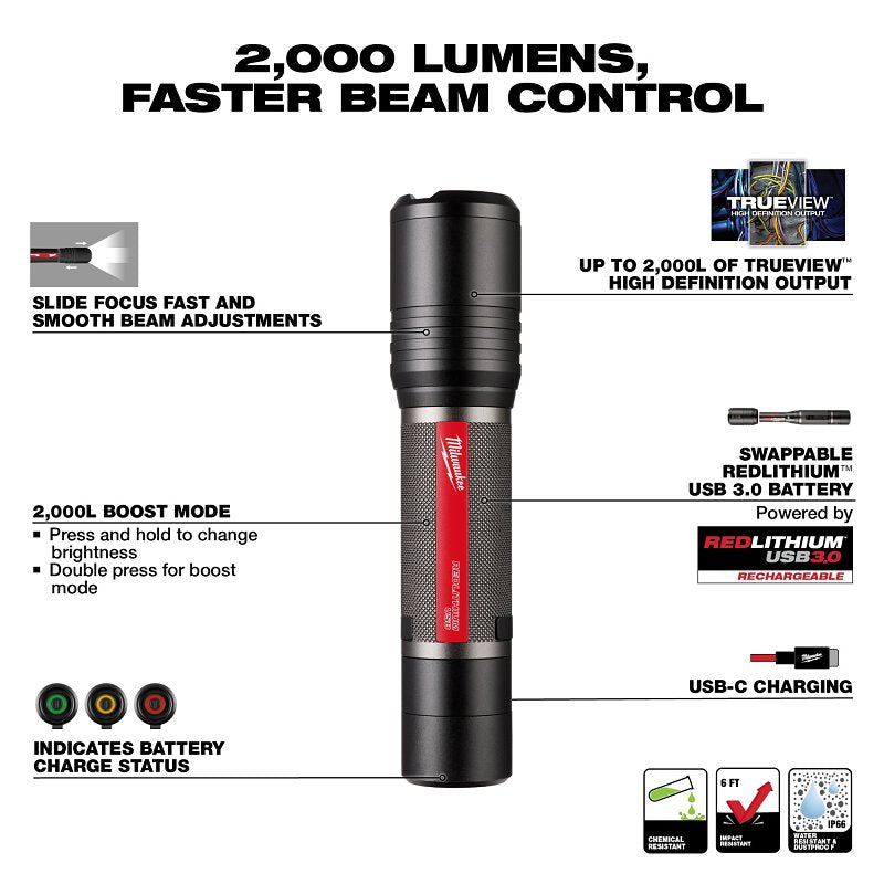 MILWAUKEE Milwaukee REDLITHIUM 2162-21 Slide Focus Flashlight, Lithium-Ion Battery, LED Lamp, 2000, 200 m Beam Distance