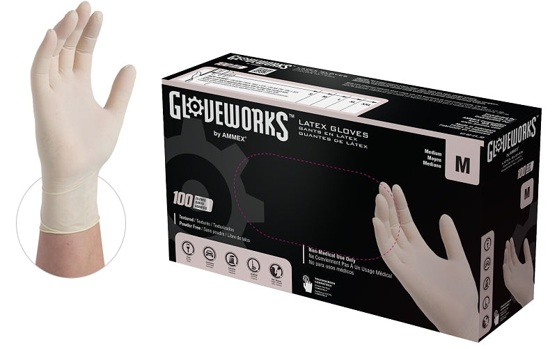 AMMEX Gloveworks TLF44100 Disposable Gloves, M, Latex, Powder-Free, Ivory, 14.37 in L