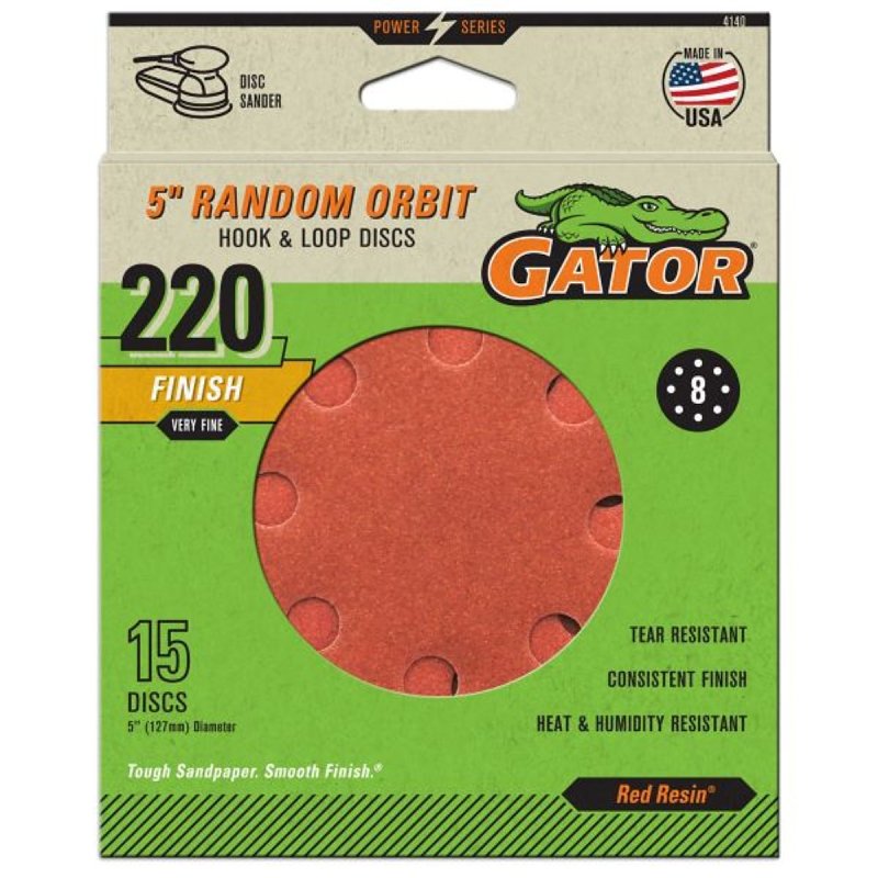 GATOR Gator 4140 Sanding Disc, 5 in Dia, 220 Grit, Extra Fine, Aluminum Oxide Abrasive, Vented, 15/PK