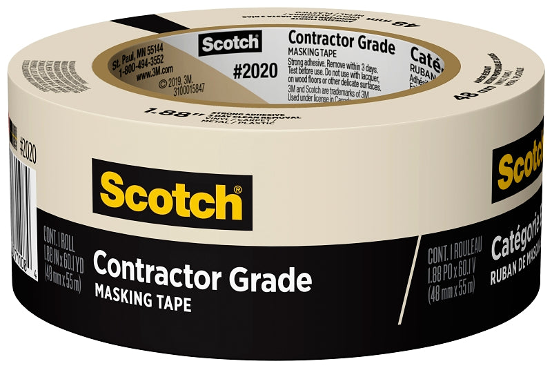 SCOTCH ScotchBlue 2020-48MP Masking Tape, 60.1 yd L, 1.88 in W, 0.11 in Thick, Paper/Polyethylene Film Backing, Beige