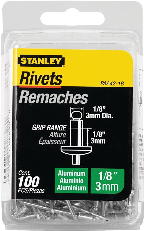 STANLEY STANLEY PAA42-1B Pop Rivet, Reusable, 1/8 in Grip, 1/8, 1-1/2 in L, Aluminum, 100/PK