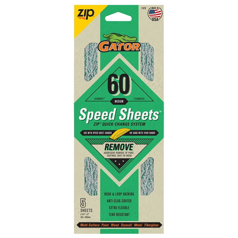 GATOR Gator 7470 Hook and Loop Sandpaper, 9 in L, 3-2/3 in W, 60 Grit, Aluminum Oxide Abrasive, Latex/Paper Backing