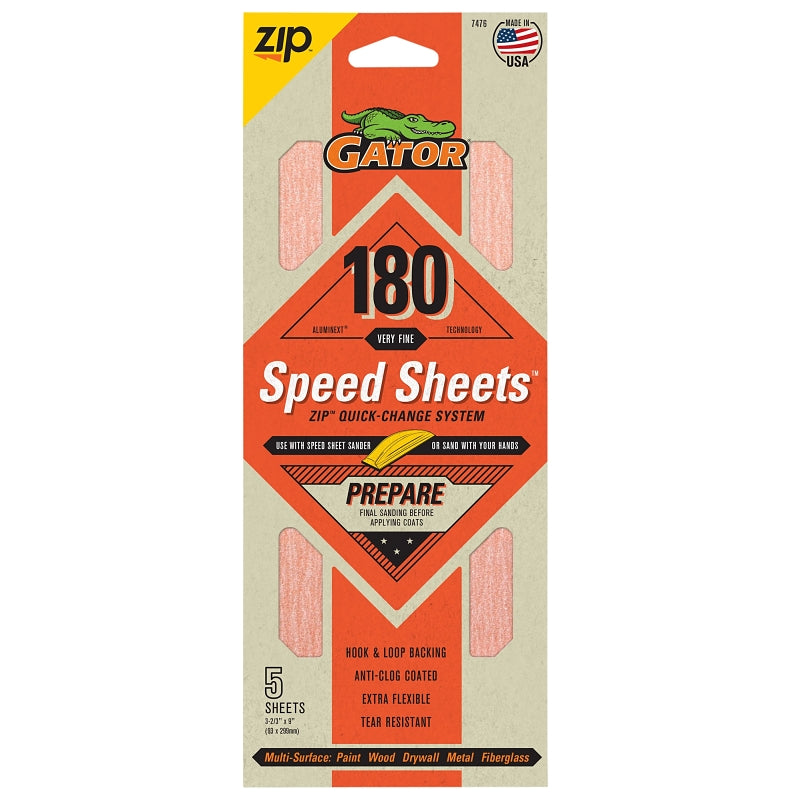 GATOR Gator 7476 Hook and Loop Sandpaper, 9 in L, 3-2/3 in W, 180 Grit, Aluminum Oxide Abrasive, Latex/Paper Backing TOOLS GATOR