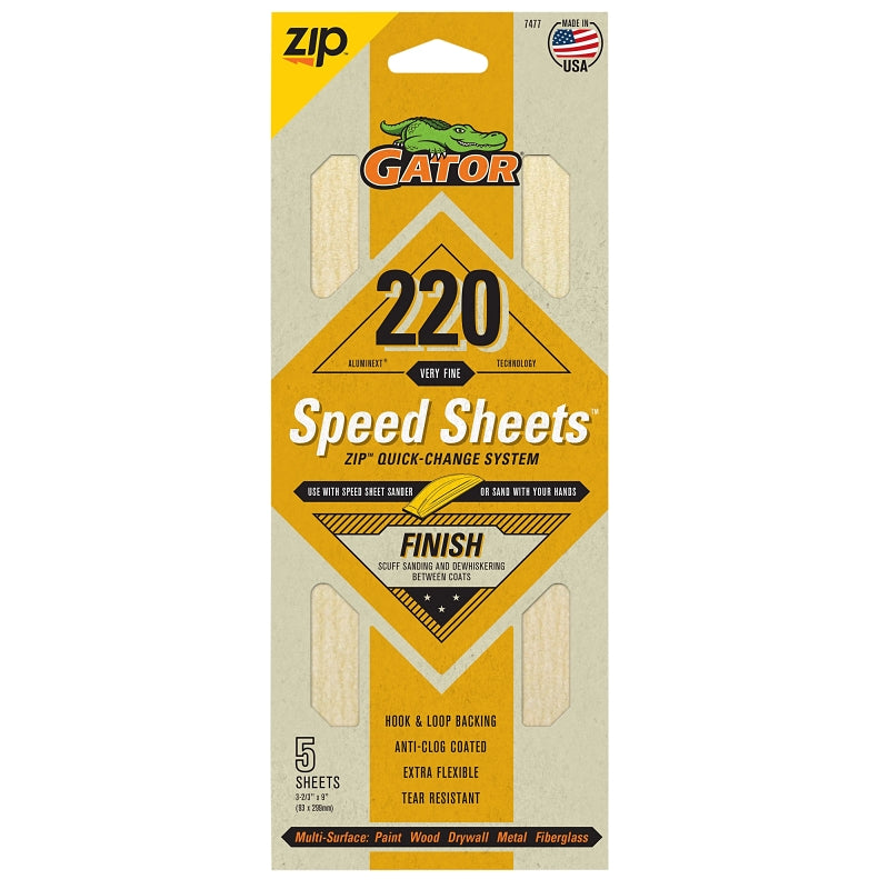 GATOR Gator 7477 Hook and Loop Sandpaper, 9 in L, 3-2/3 in W, 220 Grit, Aluminum Oxide Abrasive, Latex Paper Backing