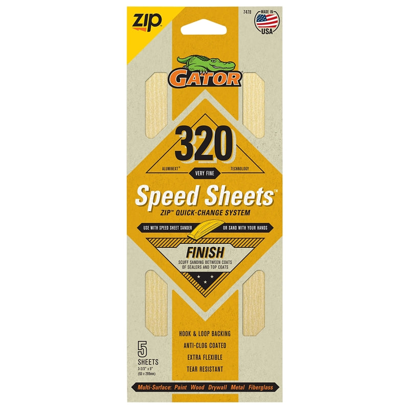 GATOR Gator 7478 Hook and Loop Sandpaper, 9 in L, 3-2/3 in W, 320 Grit, Aluminum Oxide Abrasive, Latex Paper Backing