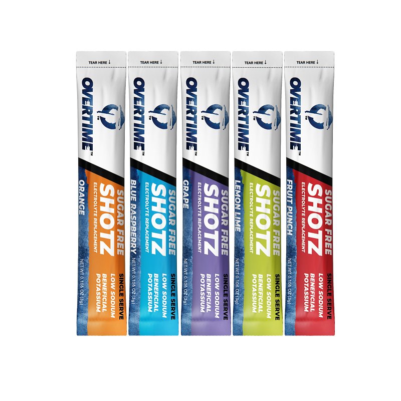 OVERTIME Overtime 55-SINGLESERVE Shotz Variety Pack, Fruit Punch, Grape, Lemon-Lime, Orange, Raspberry Blue, 200 g