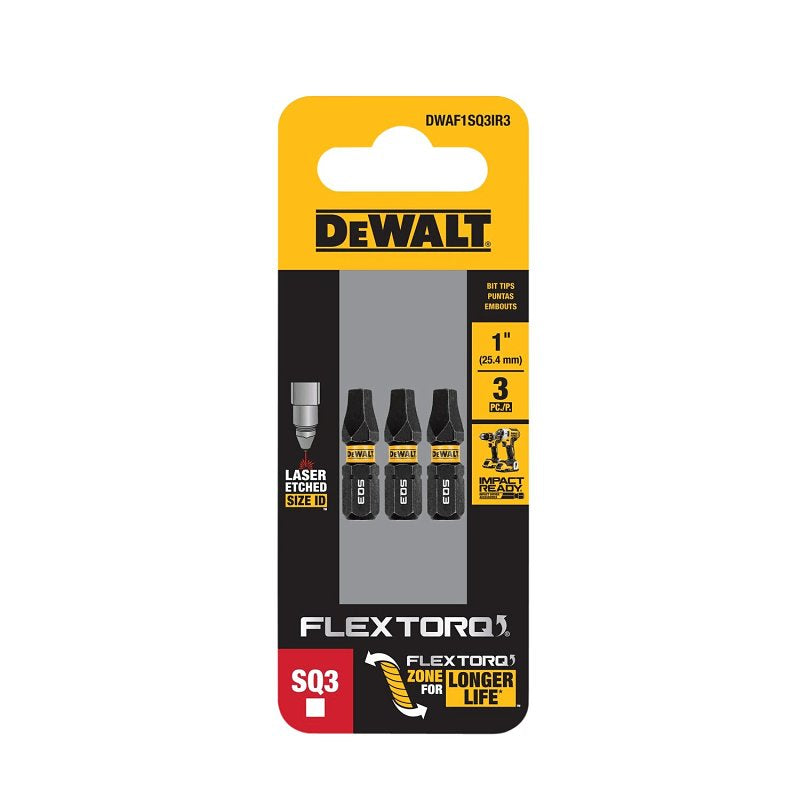 DEWALT DEWALT FlexTorq DWAF1SQ3IR3 Impact Screwdriver Bit, #3 Drive, Square Drive, 1/4 in Shank, Hex Shank, 1 in L, Steel