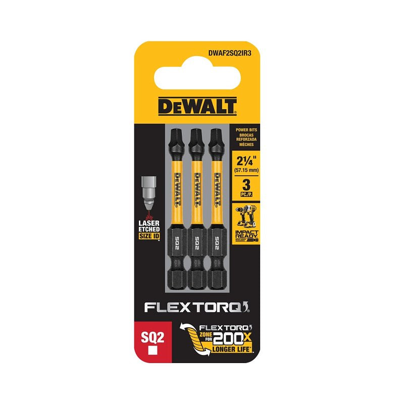DEWALT DEWALT FlexTorq DWAF2SQ2IR3 Screwdriver Bit, #2 Drive, Square Drive, 1/4 in Shank, Hex Shank, 2-1/4 in L, HSS