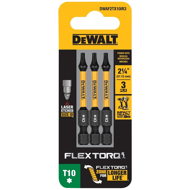 DEWALT DEWALT FlexTorq DWAF2TX10IR3 Impact Screwdriver Bit, T10 Drive, Torx Drive, 1/4 in Shank, Hex Shank, 2-1/4 in L, Steel