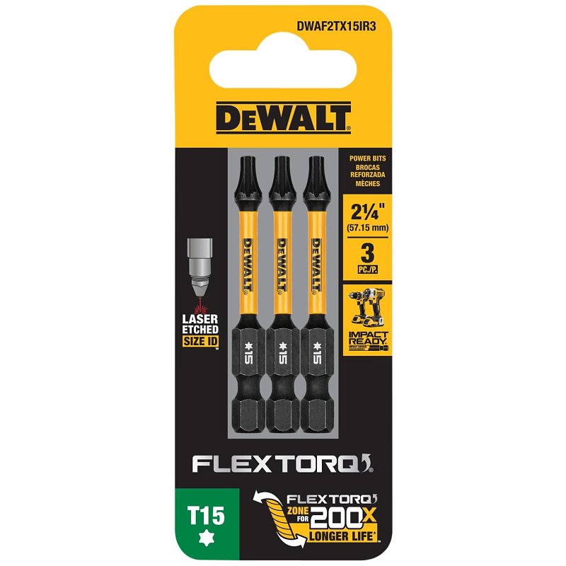 DEWALT DEWALT FlexTorq DWAF2TX15IR3 Impact Screwdriver Bit, T15 Drive, Torx Drive, 1/4 in Shank, Hex Shank, 2-1/4 in L, Steel