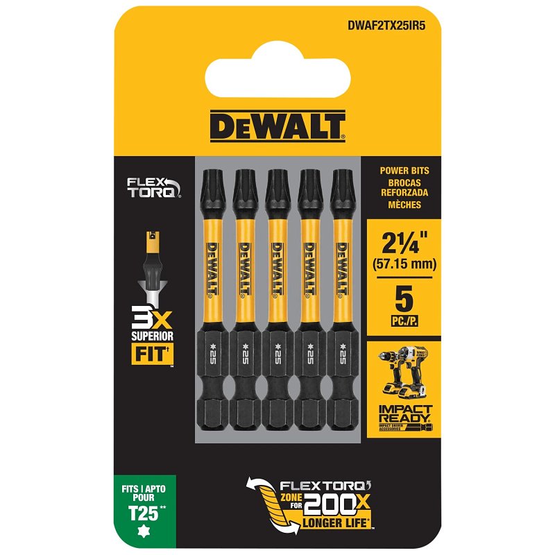 DEWALT DEWALT DWAF2TX25IR5 Driver Bit, T25 Drive, Torx Drive, 1/4 in Shank, Hex Shank, 2-1/4 in L, HSS