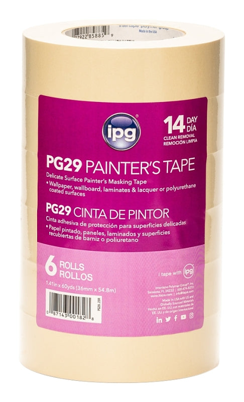 INTERTAPE POLYMER IPG PG29..23R Masking Tape, 60 yd L, 1.41 in W, 6.8 mil Thick, Paper Backing, Beige