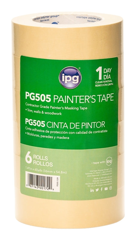 INTERTAPE POLYMER IPG PG505.122R Masking Tape, 60 yd L, 1.41 in W, 5.8 mil Thick, Paper Backing, Beige