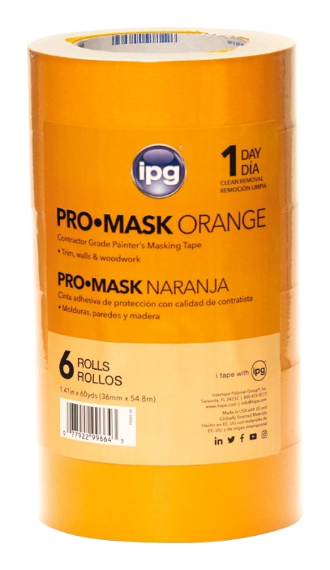 INTERTAPE POLYMER IPG PG505-36 (99664) Masking Tape, 60 yd L, 1-1/2 in W, Crepe Paper Backing, Orange PAINT INTERTAPE POLYMER