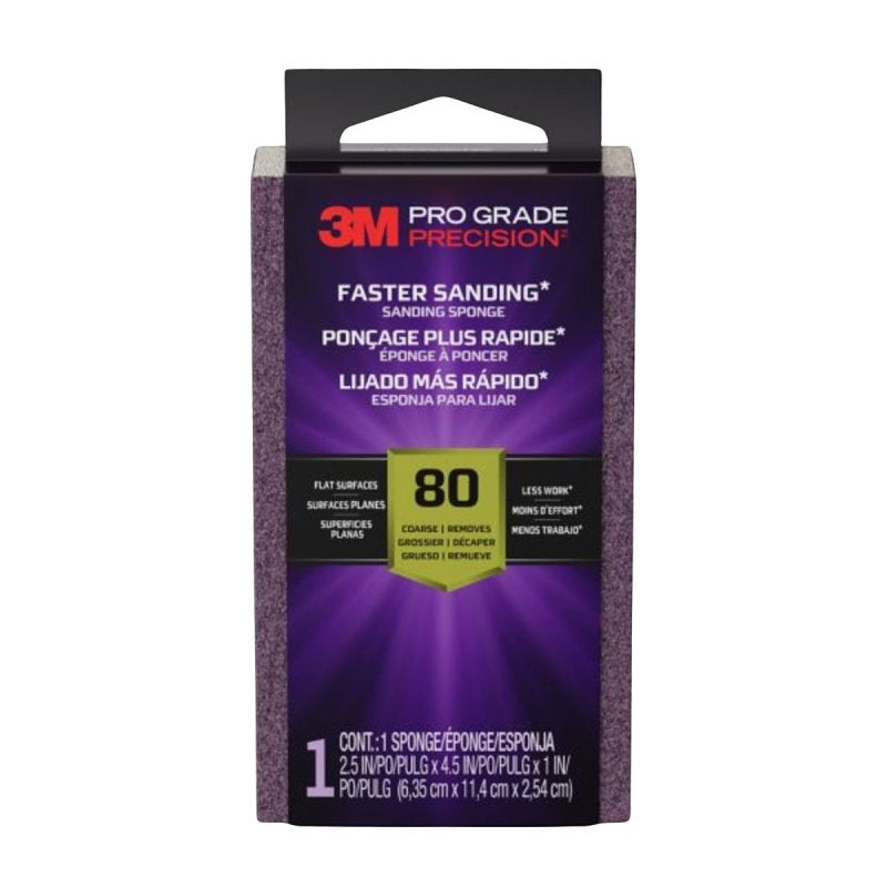 3M Pro Grade Precision FSB80-PGP-1T Faster Sanding Block Sponge, 2-1/2 in L, 4-1/2 in W, 80 Grit, Medium