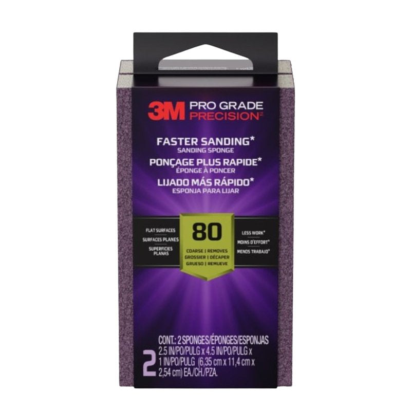 3M Pro Grade Precision FSB80-PGP-2T Faster Sanding Block Sponge, 2-1/2 in L, 4-1/2 in W, 80 Grit, Coarse